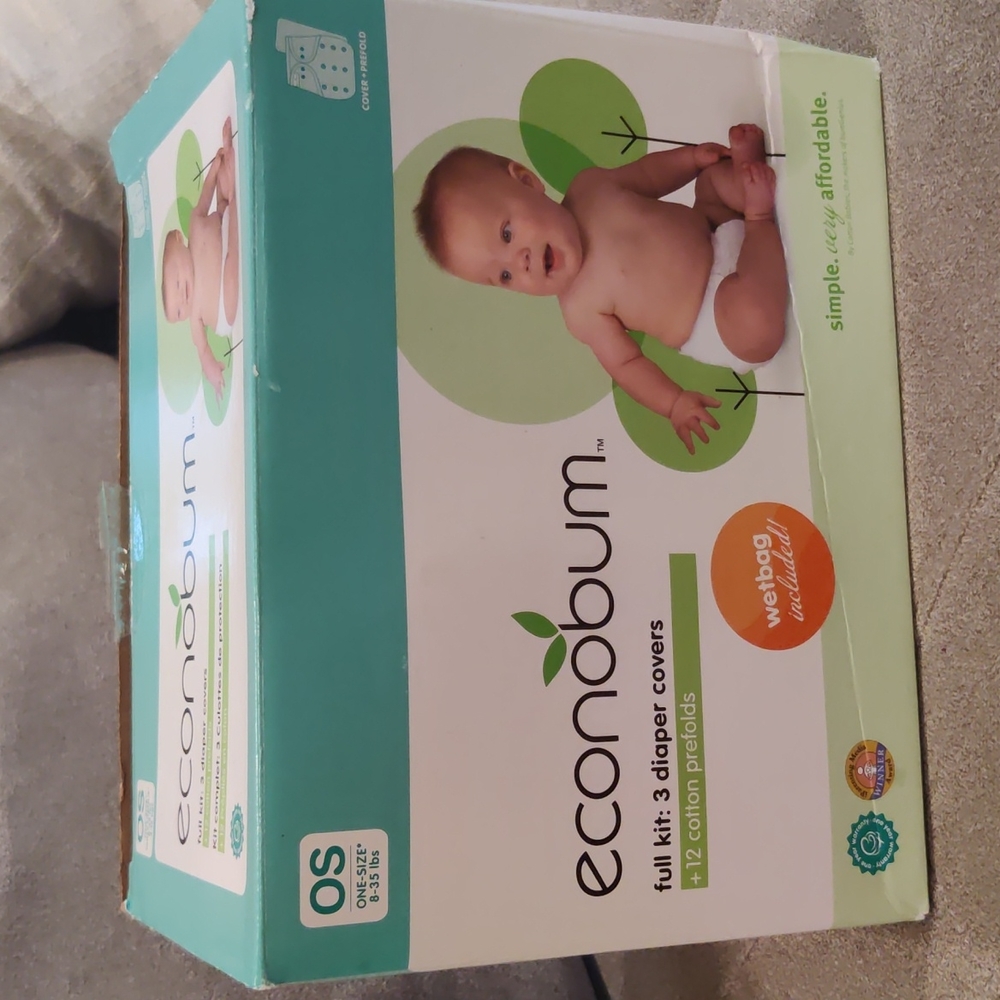 Econobum kit 3 diaper covers and 12 cotton prefolds! NEW in box
